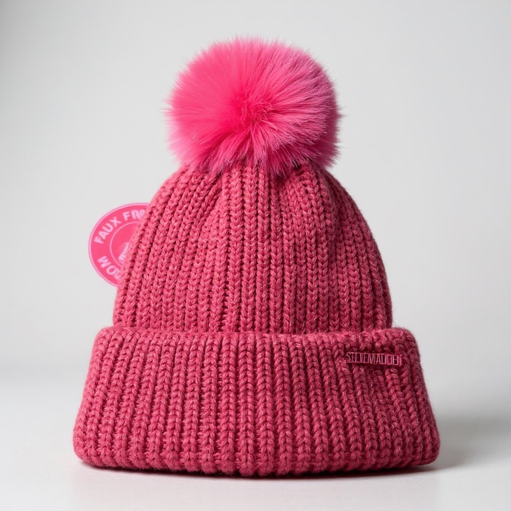 PRICE IS FIRM - Steve Madden Pink Flash Pom Knit Beanie